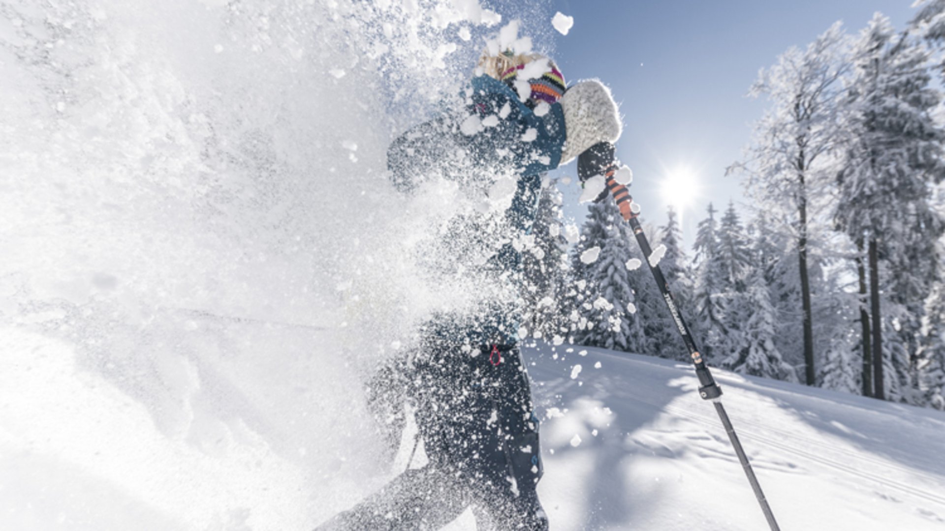 Foto: Oberösterreich Tourismus/davidlugmayr.at: Mit Schwung durch das winterliche Mühlviertel Das Bild zeigt eine Frau beim Schneeschuhwandern, die durch den Schnee läuft und viel Schnee aufwirbelt.